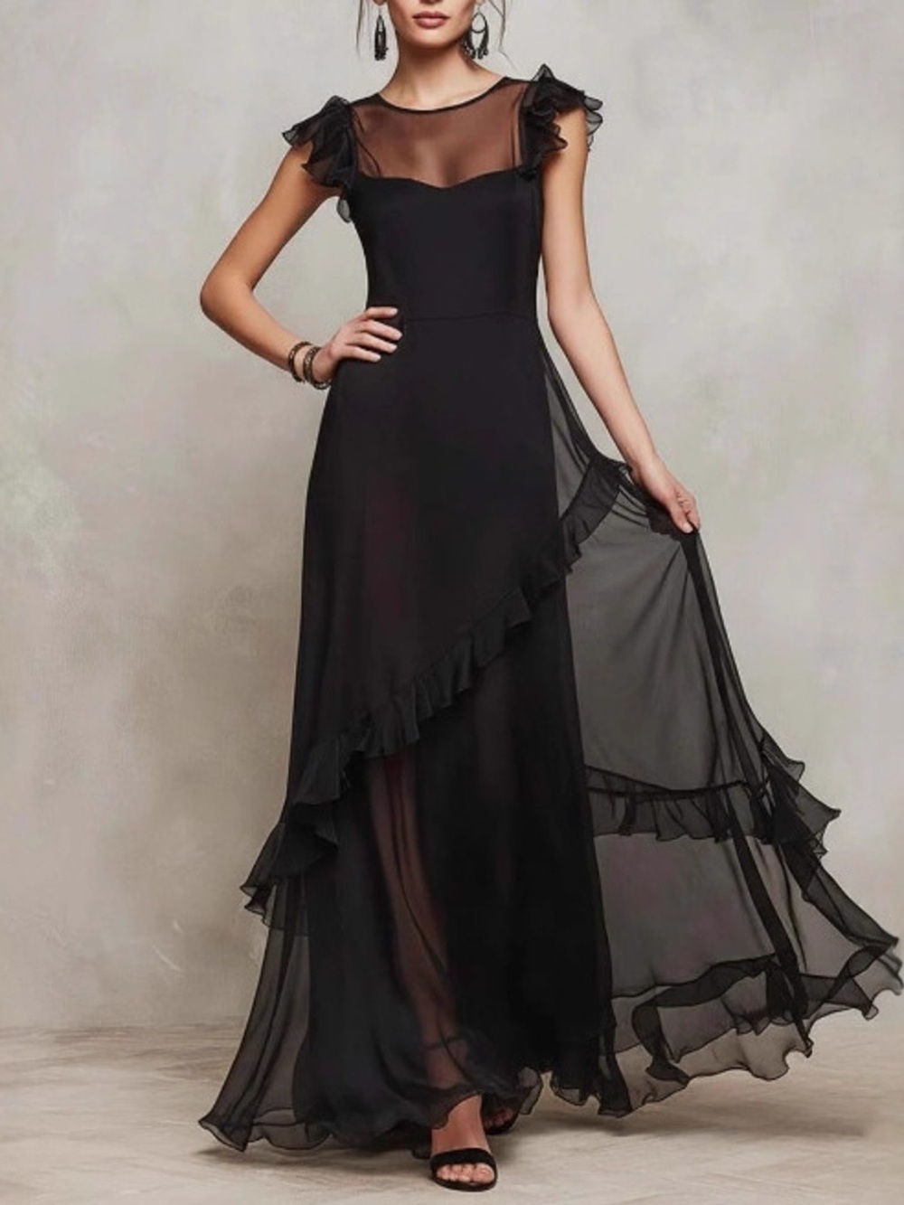 Sheer Ruffle Trim Maxi Dress